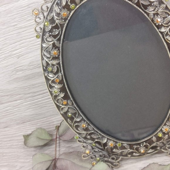 Ornament Oval Photo Frame Decorative Jeweled Photo Display Stones Floral Pattern - Picture 8 of 13